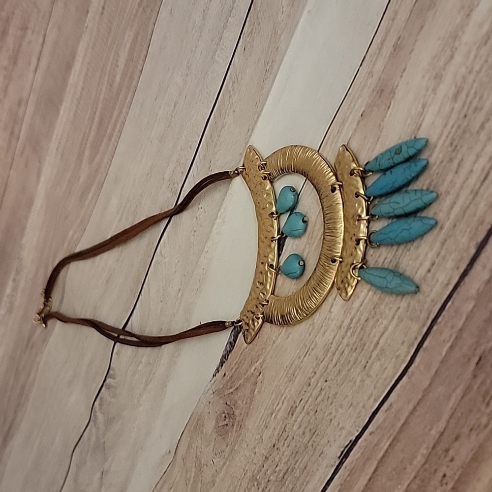 Super Funky Boho Gold tone and Turquoise Necklace - Picture 5 of 5